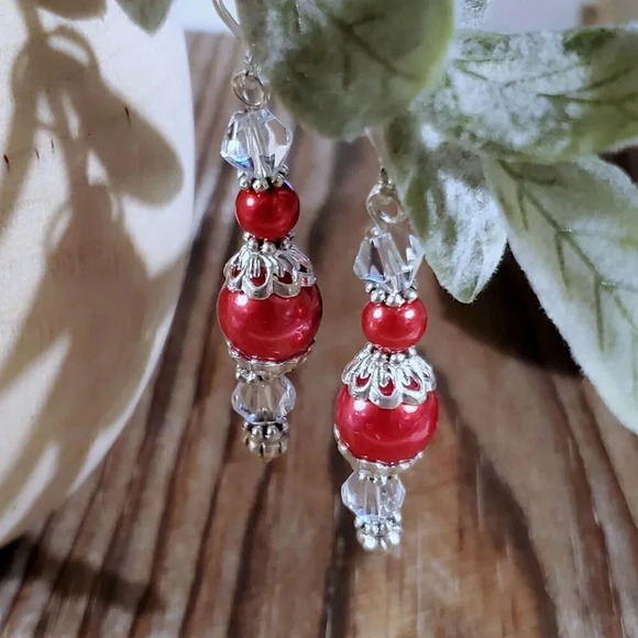 Art Nouveau Red Glass Pearl Silver Plated Handcrafted Dangle Earrings - Picture 2 of 11